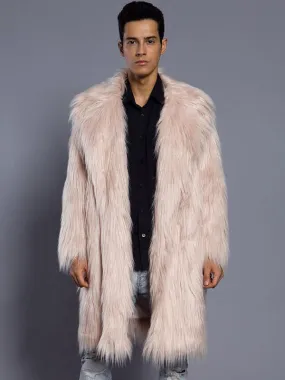 Men's Salmon Faux Fur Winter Overcoat with Turndown Collar and Long Sleeves