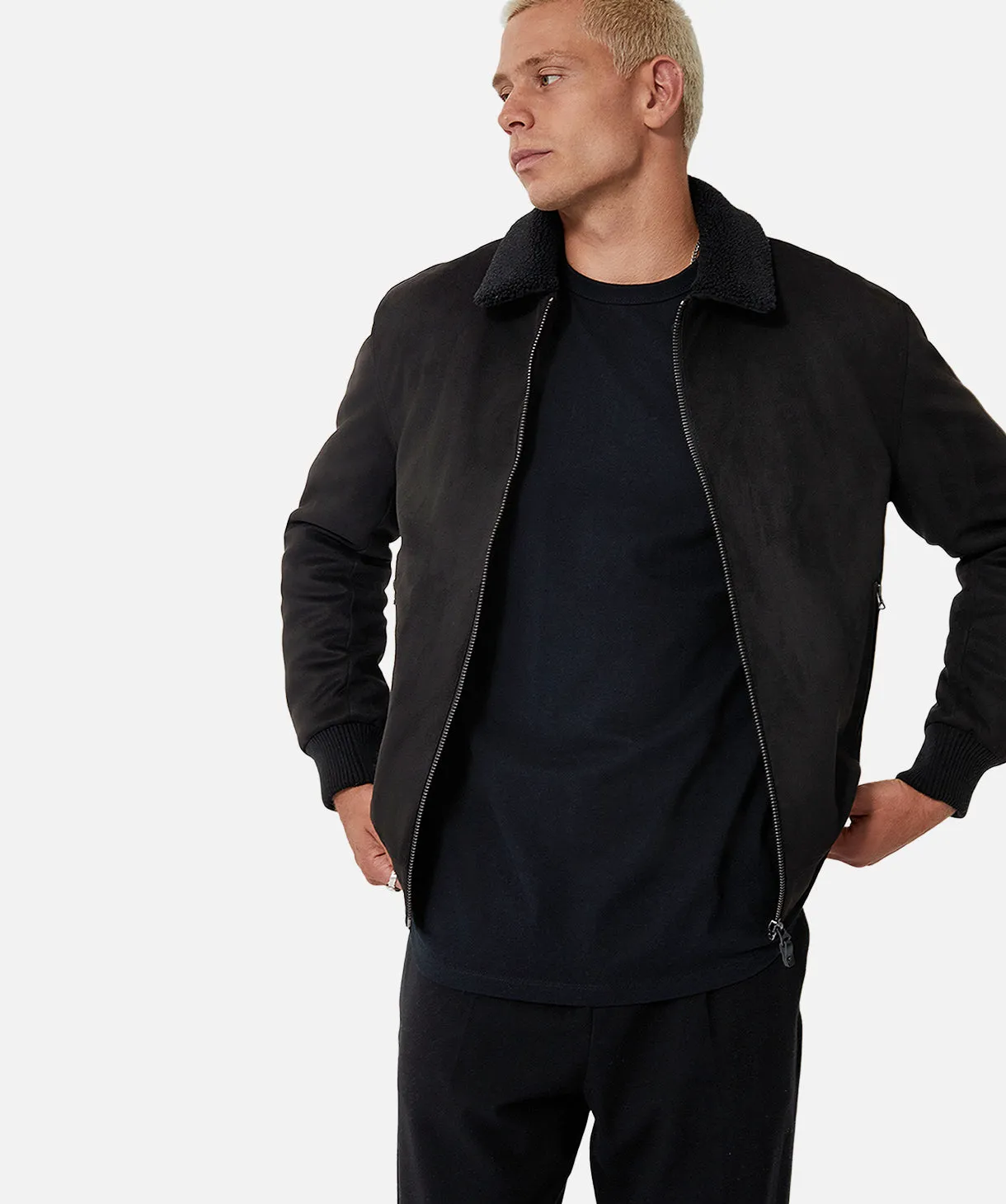 Mig Sherpa Collar Vegan Suede Bomber Jacket - Black