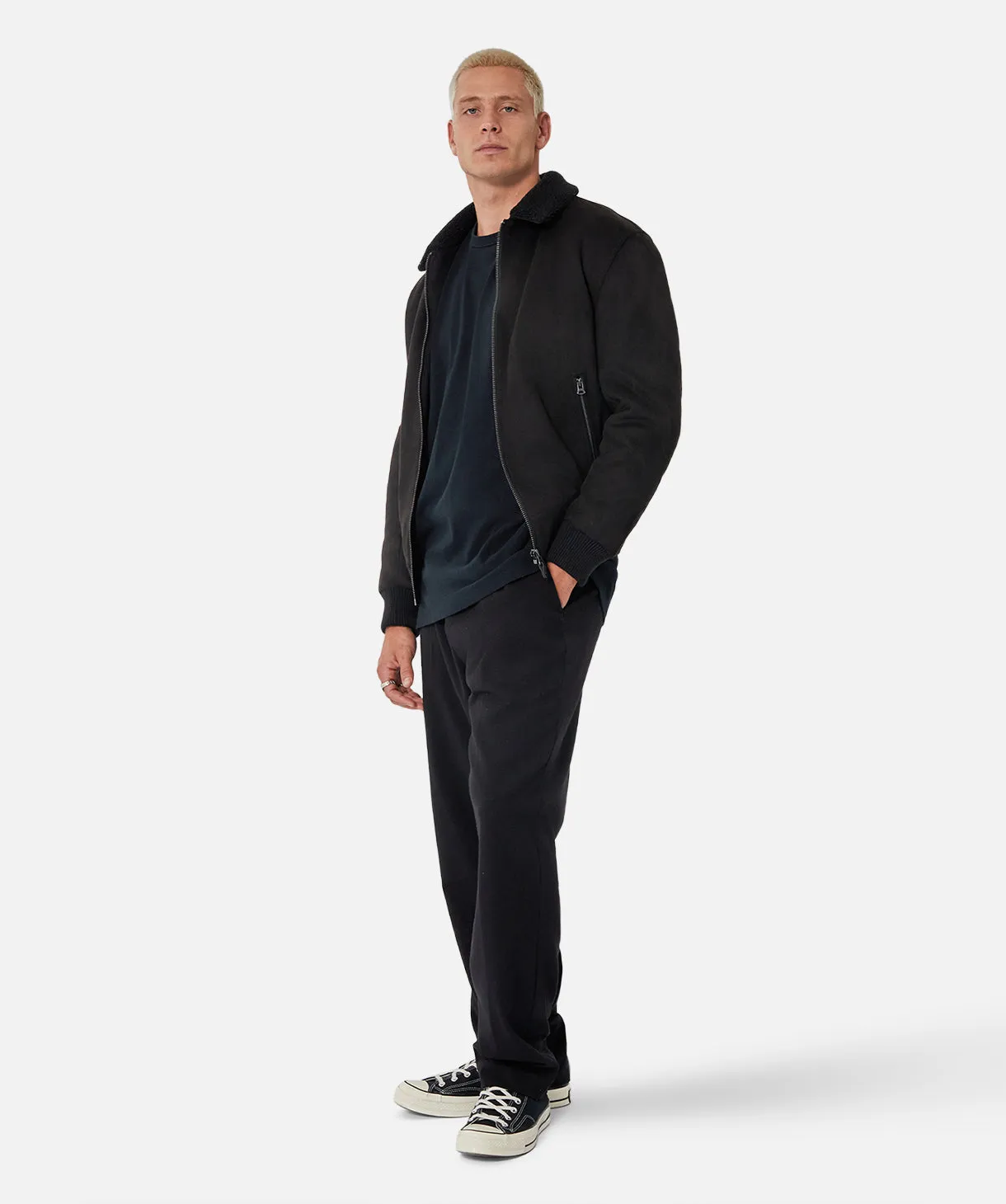 Mig Sherpa Collar Vegan Suede Bomber Jacket - Black