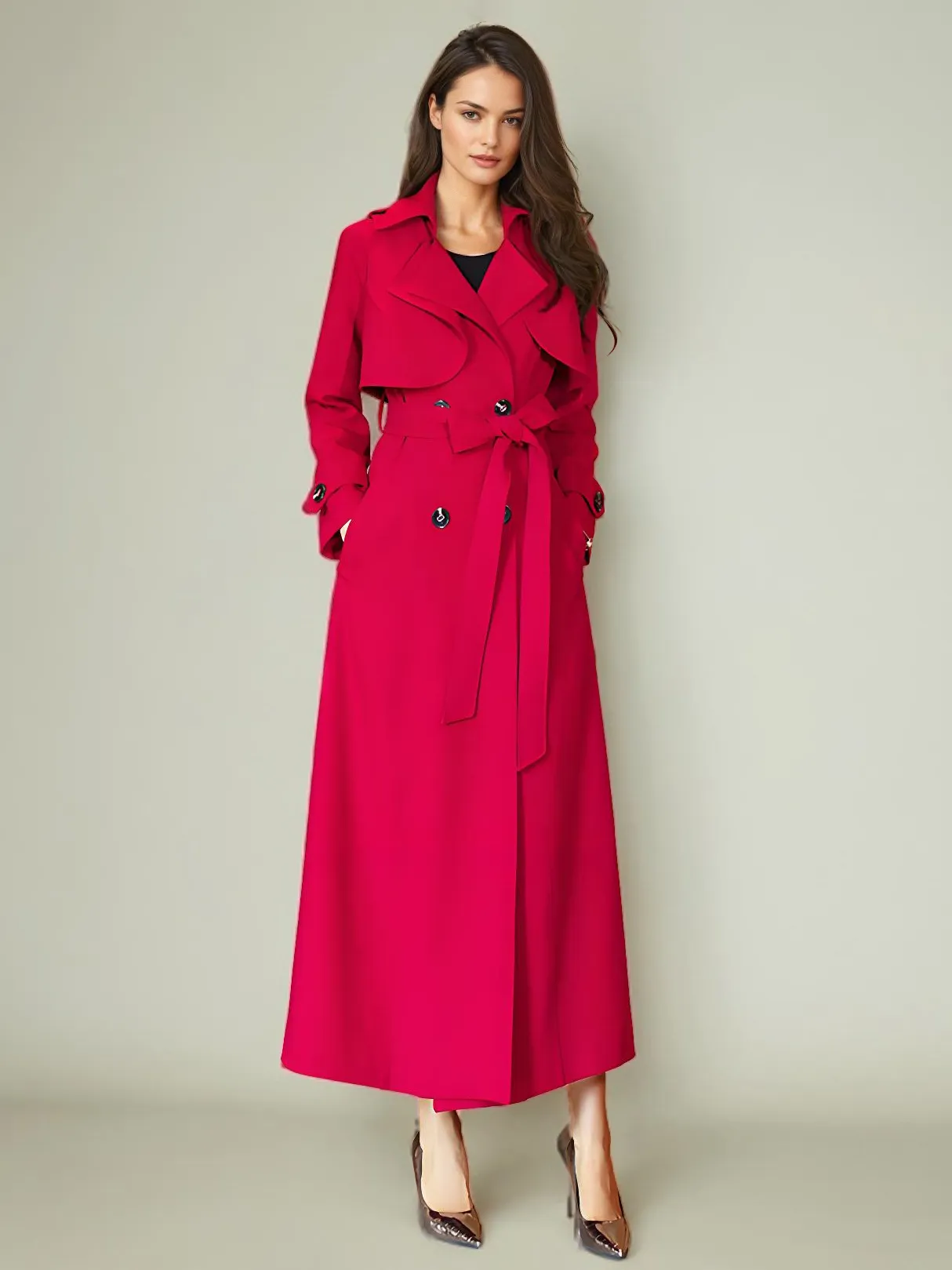 Modern Women's Trench Coat Polyester Turn-Down Collar Full-Length Coat with Buttons.