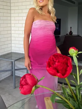 Elegant Maternity Gown in Pink Gradient Color with Cascading Ruffle Bandeau Design for Parties