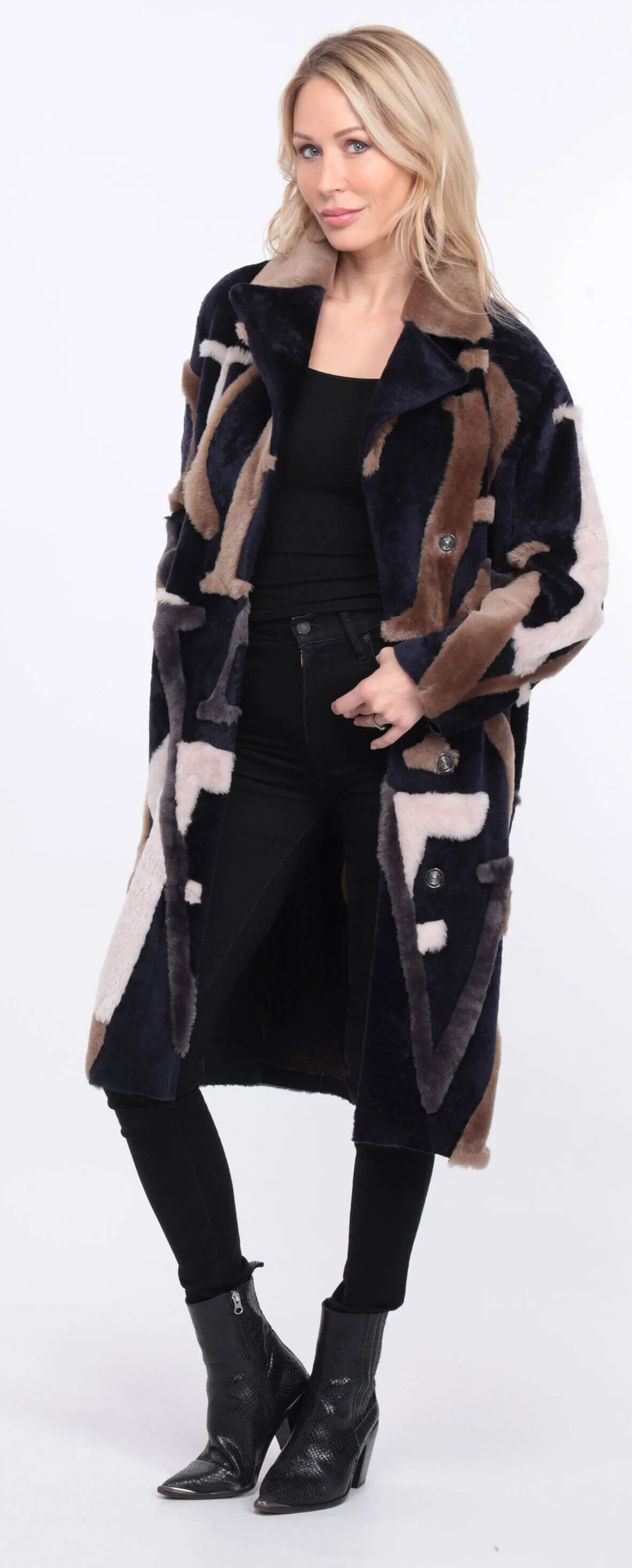 Navy and Beige Starle Sheepskin Coat for Women.