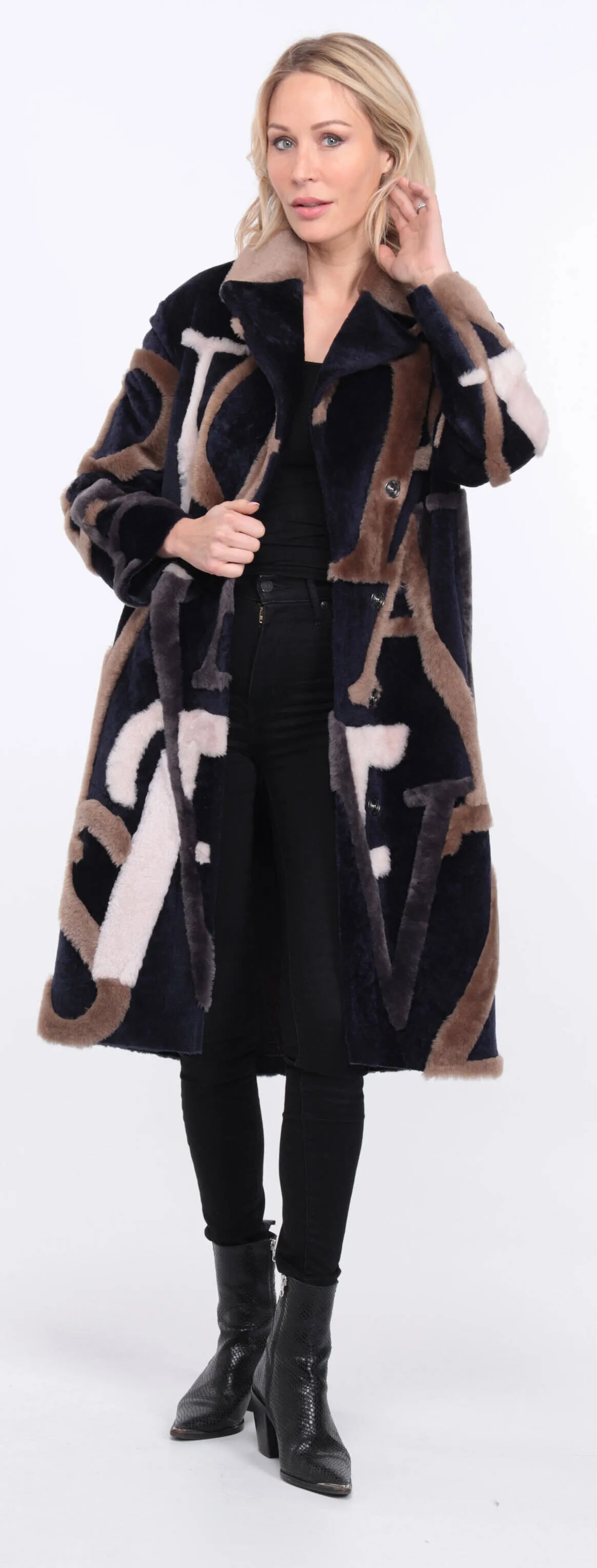 Navy and Beige Starle Sheepskin Coat for Women.