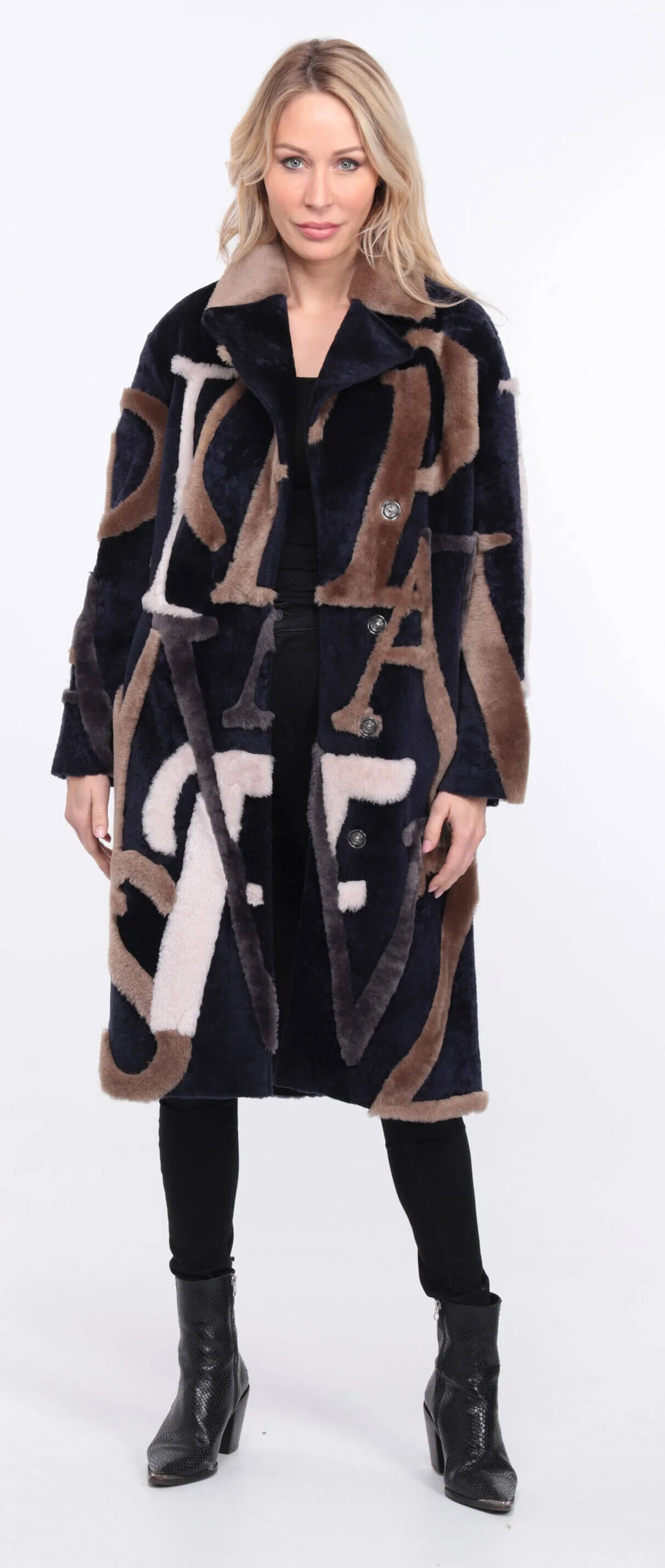 Navy and Beige Starle Sheepskin Coat for Women.