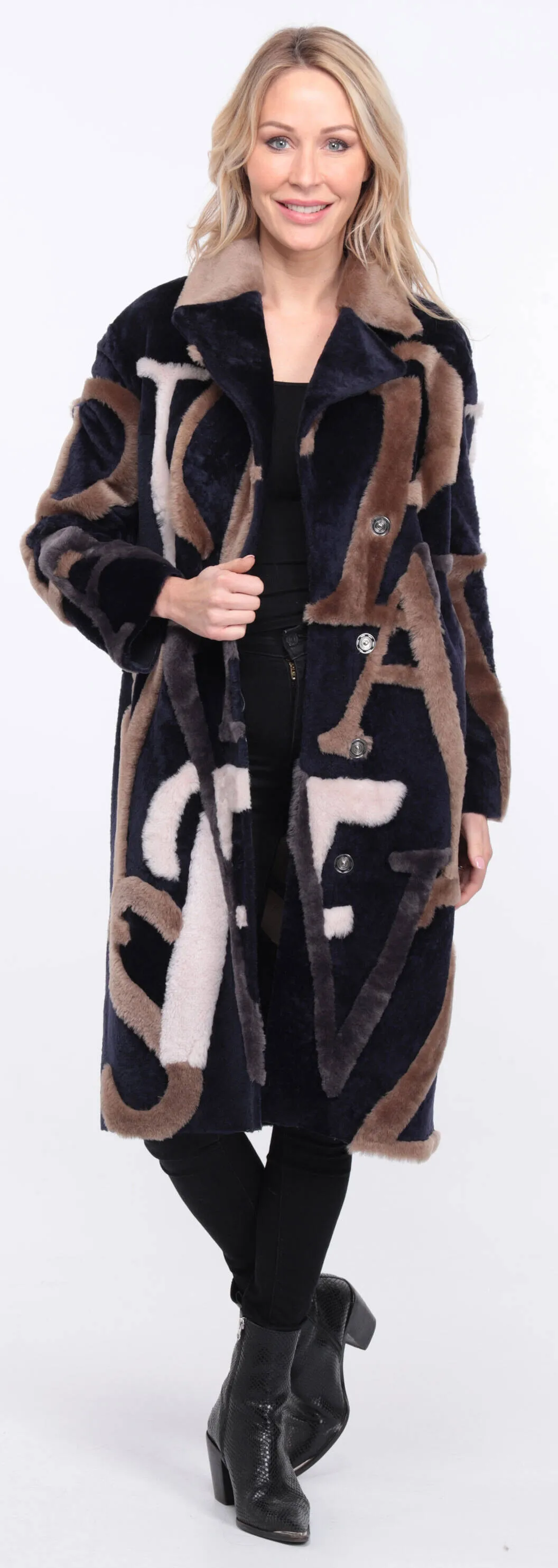 Navy and Beige Starle Sheepskin Coat for Women.