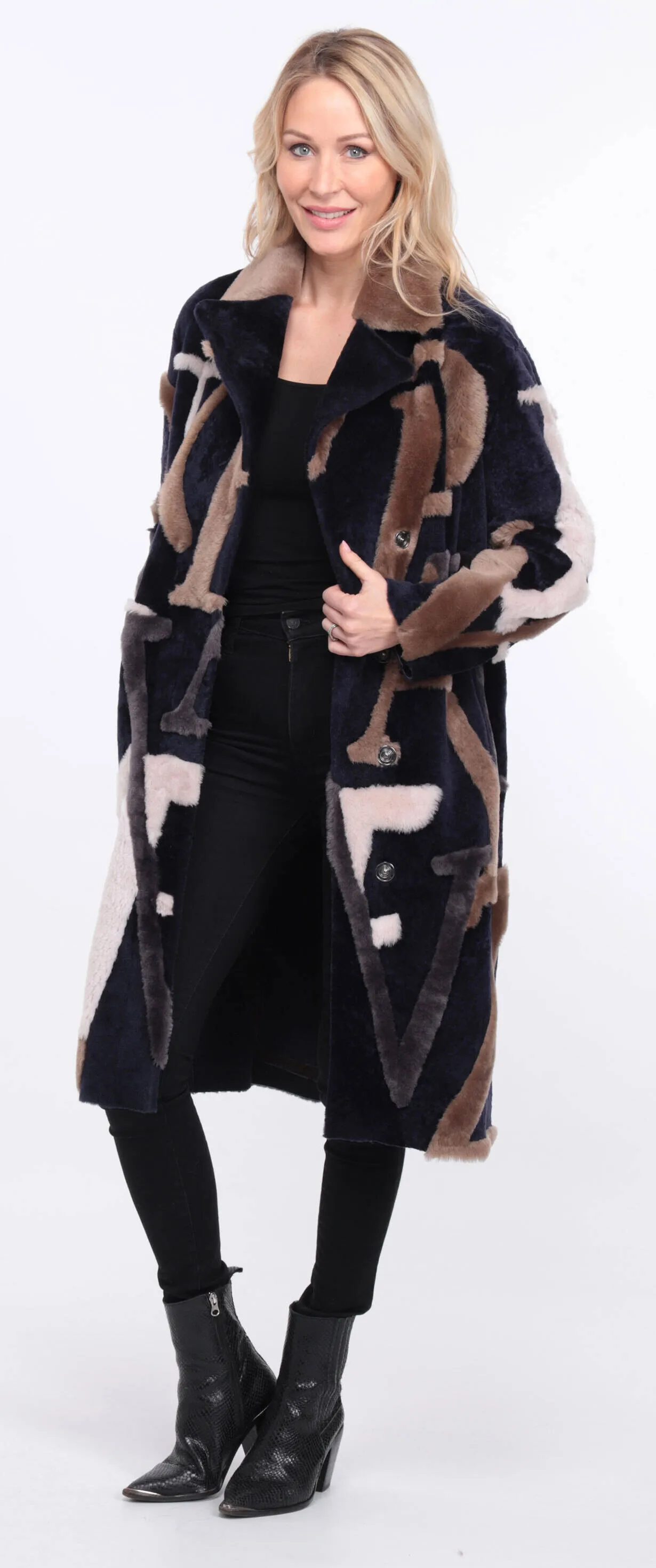 Navy and Beige Starle Sheepskin Coat for Women.