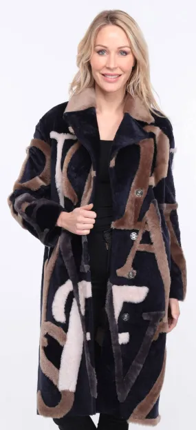 Navy and Beige Starle Sheepskin Coat for Women.