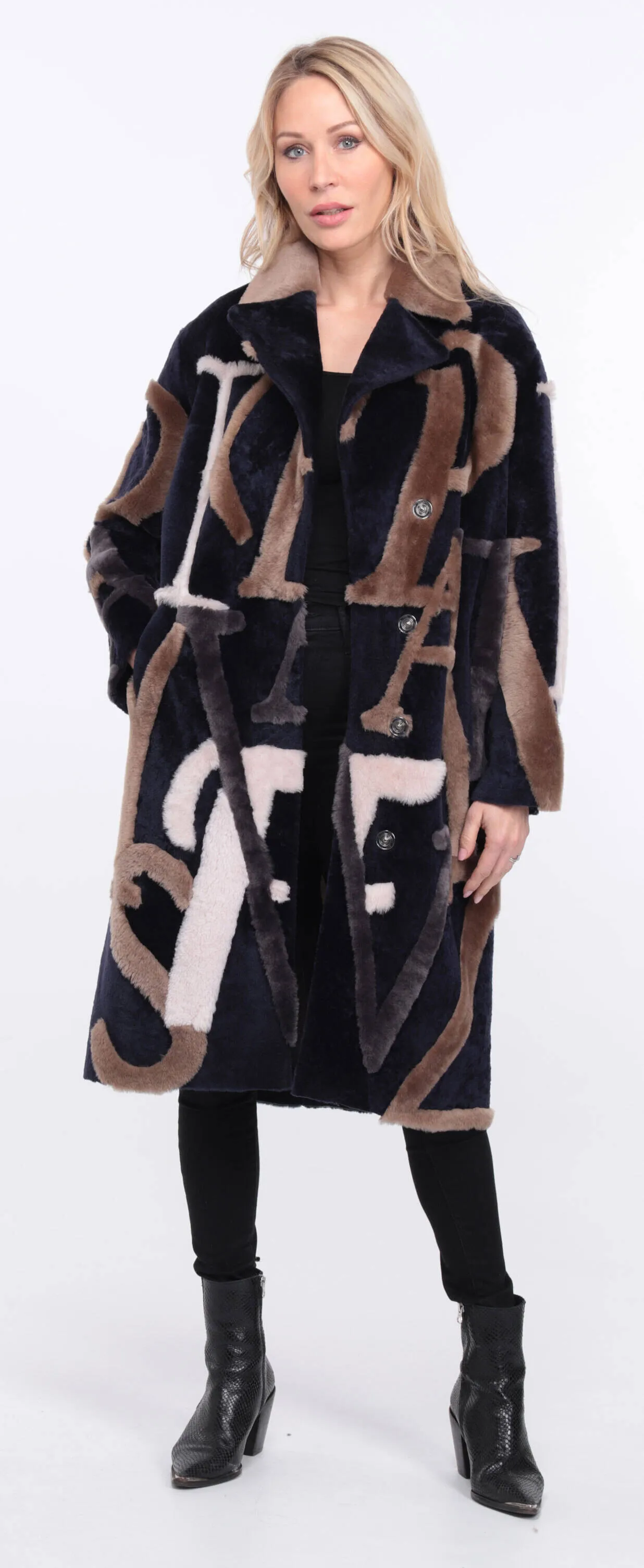 Navy and Beige Starle Sheepskin Coat for Women.