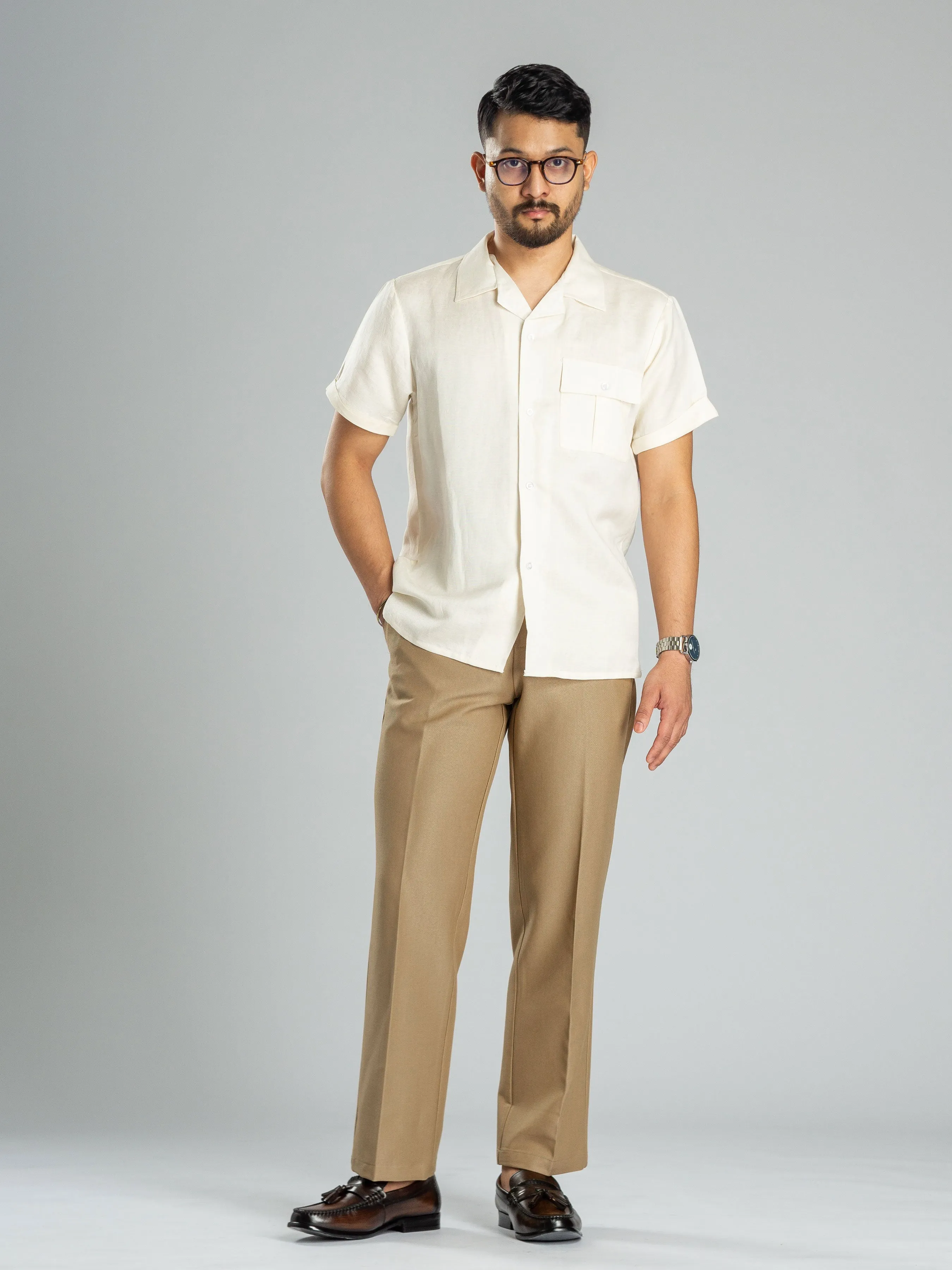 Off White Linen Cuban Collar Shirt