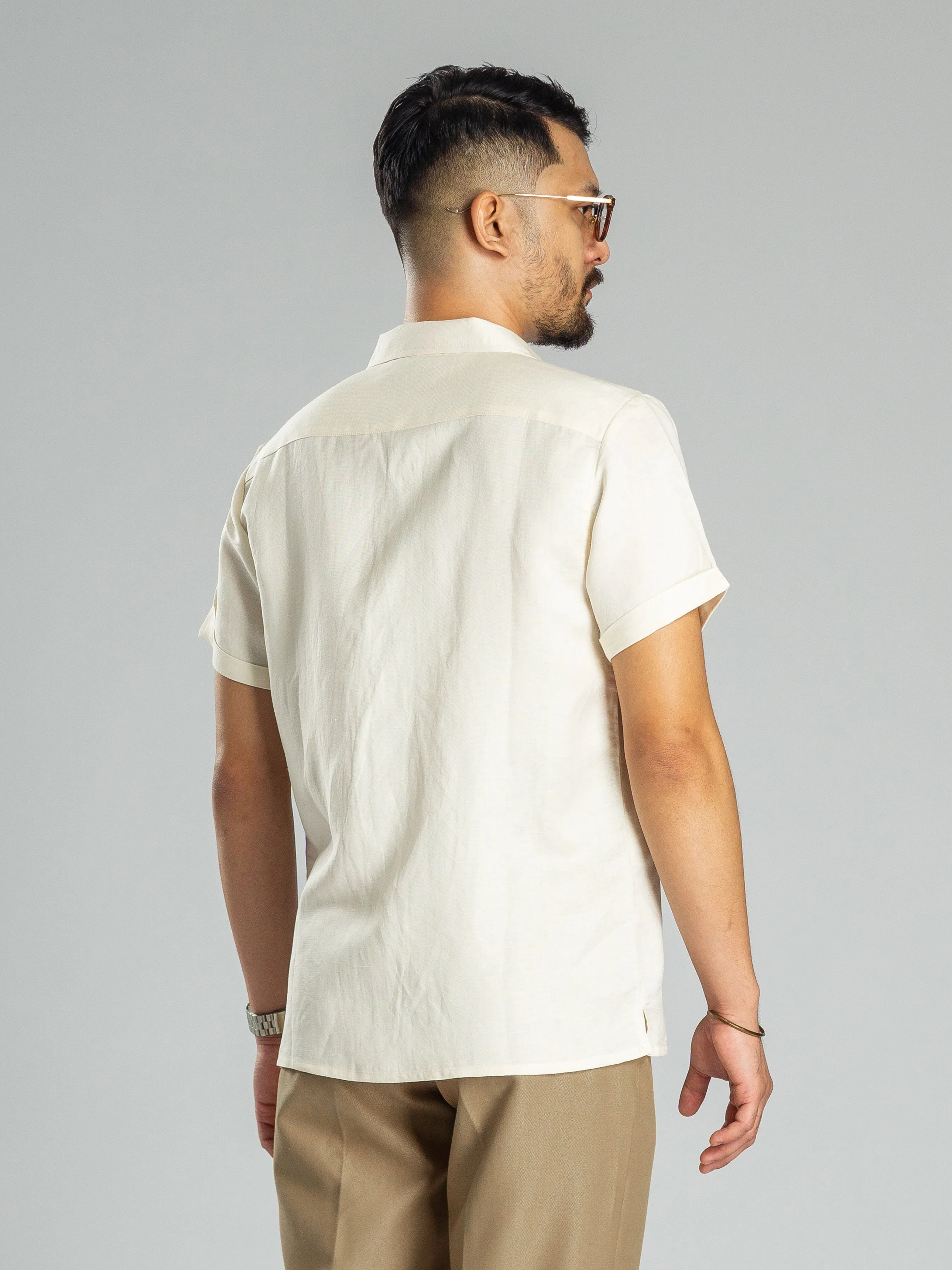 Off White Linen Cuban Collar Shirt