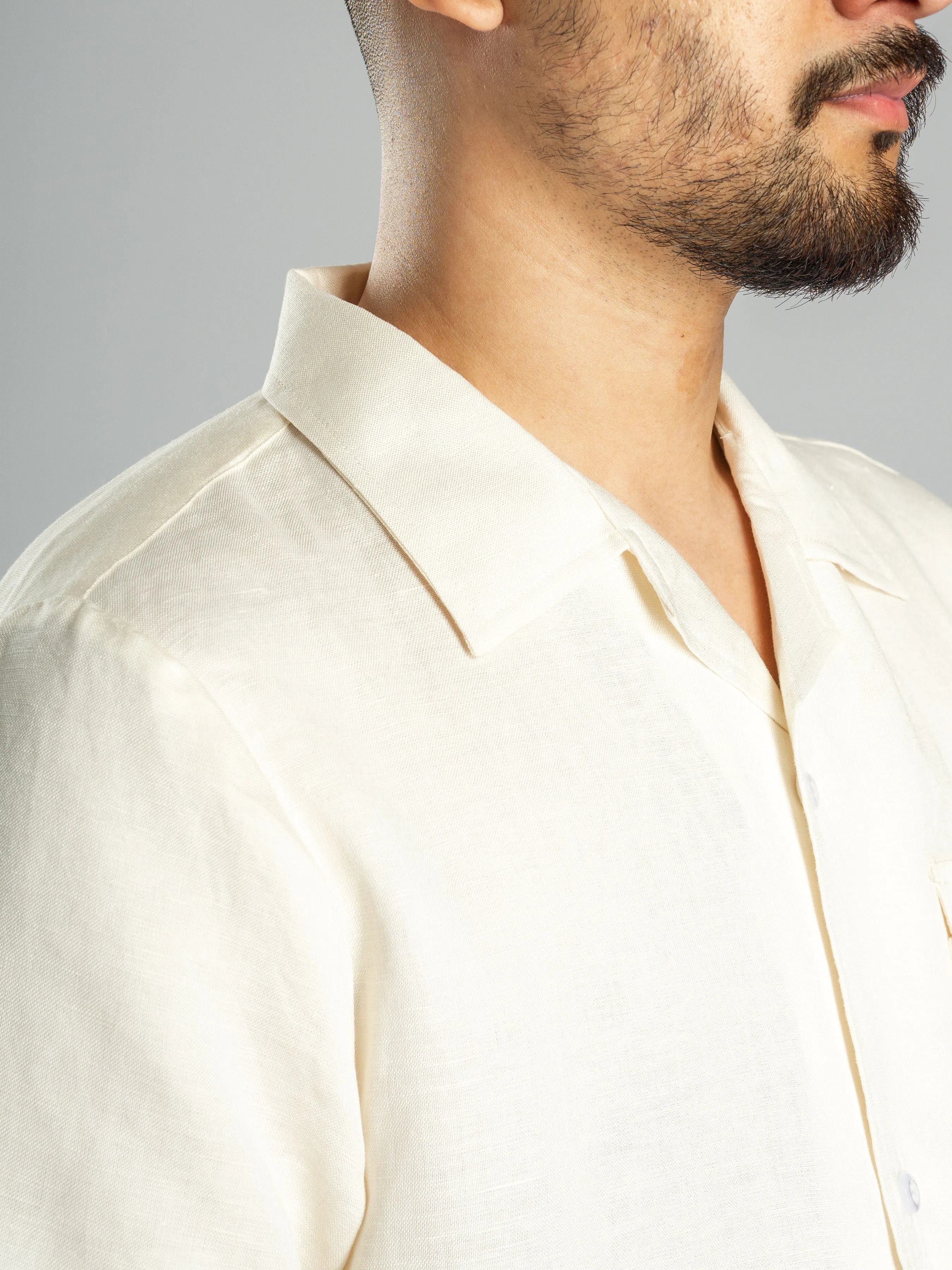 Off White Linen Cuban Collar Shirt