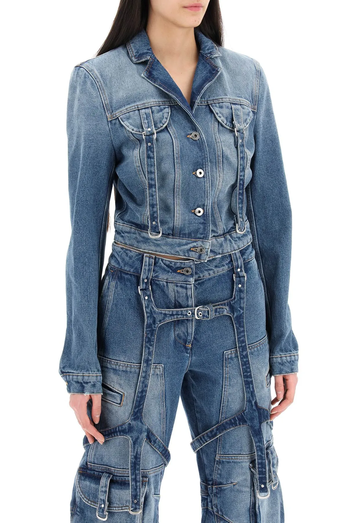 OFF-WHITE Navy Denim Jacket with Harness Details - Women