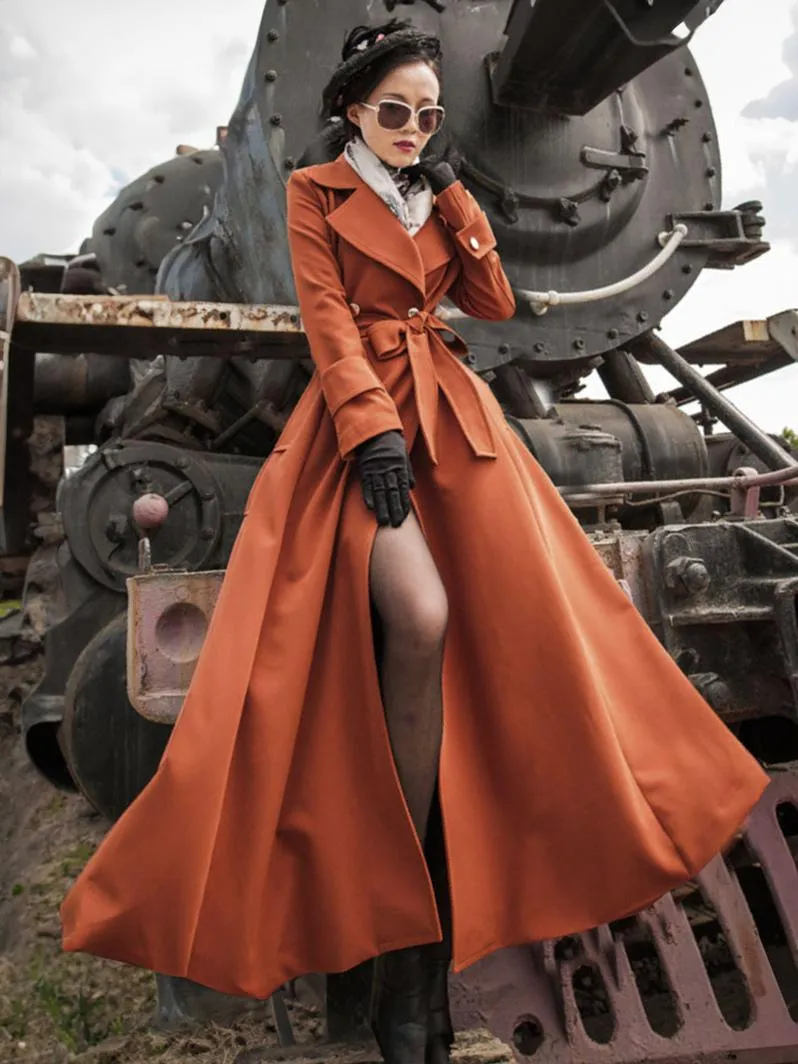 Orange Red V Neck Long Sleeves Sash Stretch Full Length Coat