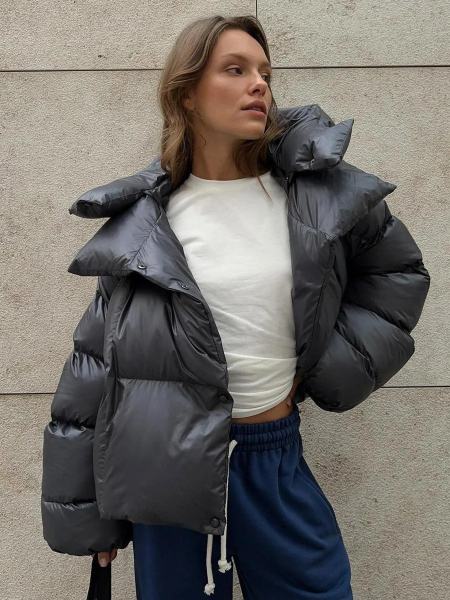 Oversized Hooded Puffer Coat for Winter - Solid Color, Front Buttons