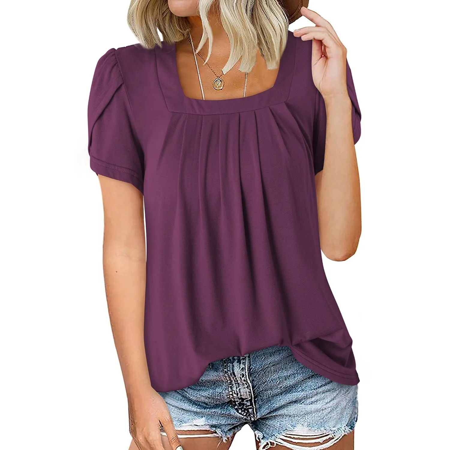 Petal Short Sleeve Square Neck Tunic Tops for Women - Shop Now.