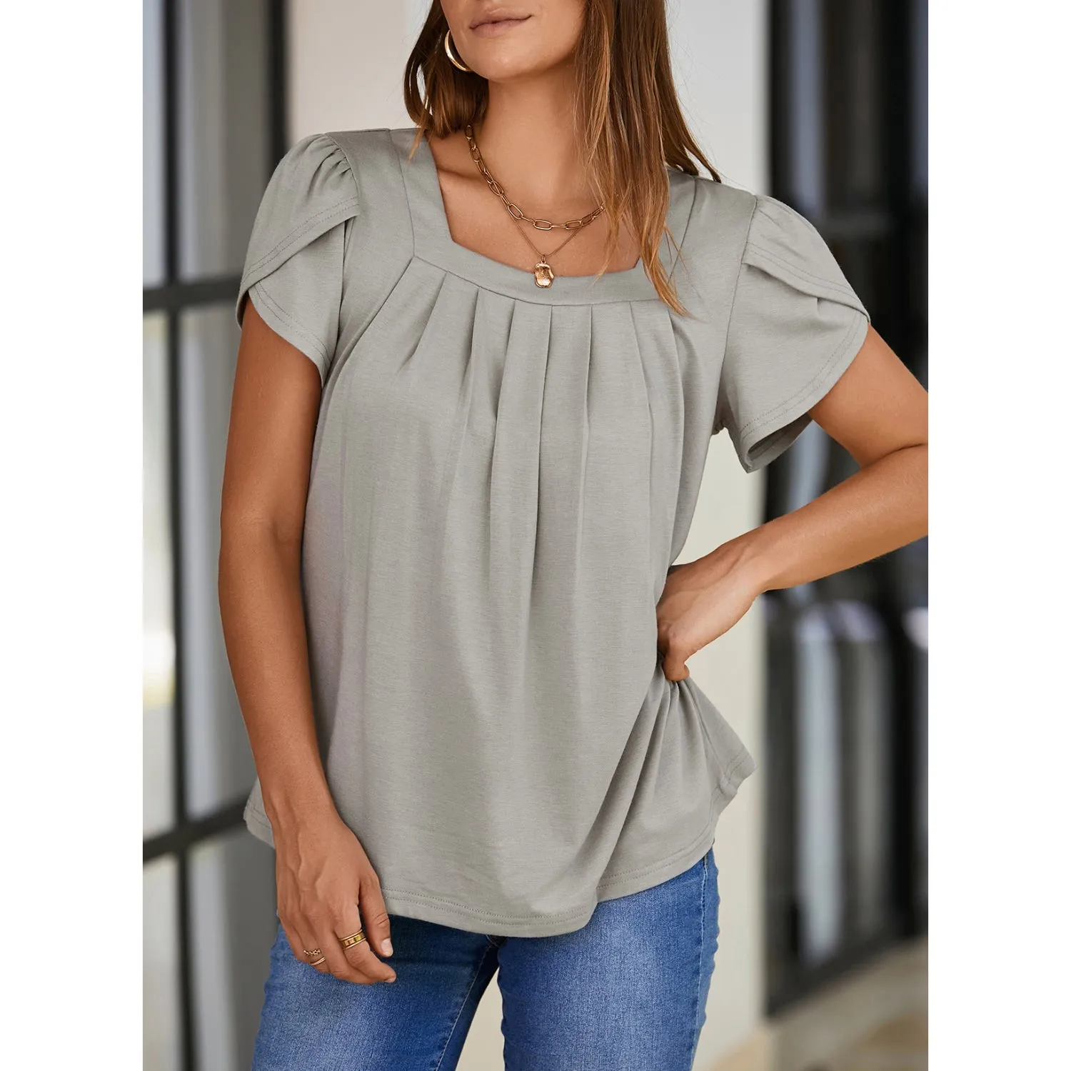 Petal Short Sleeve Square Neck Tunic Tops for Women - Shop Now.