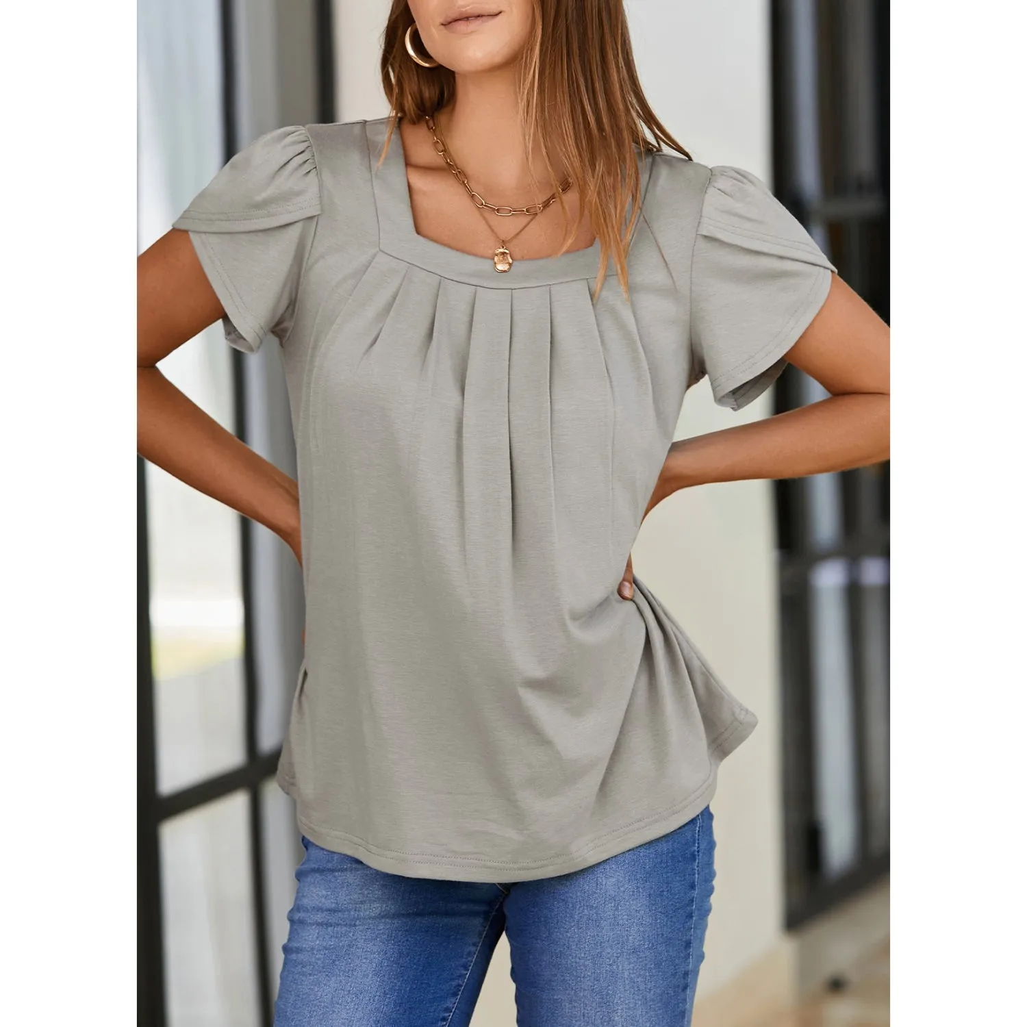 Petal Short Sleeve Square Neck Tunic Tops for Women - Shop Now.