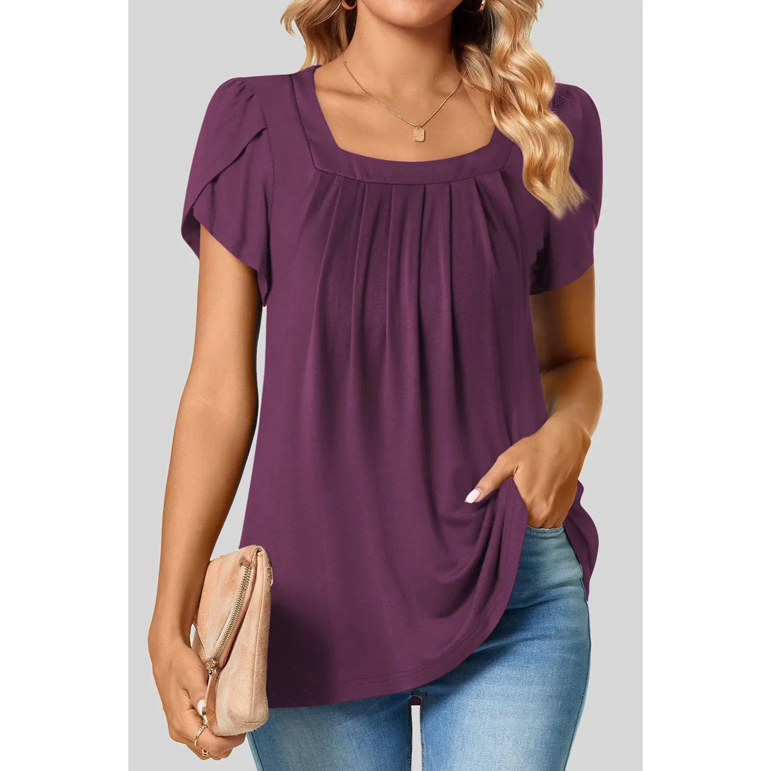 Petal Short Sleeve Square Neck Tunic Tops for Women - Shop Now.