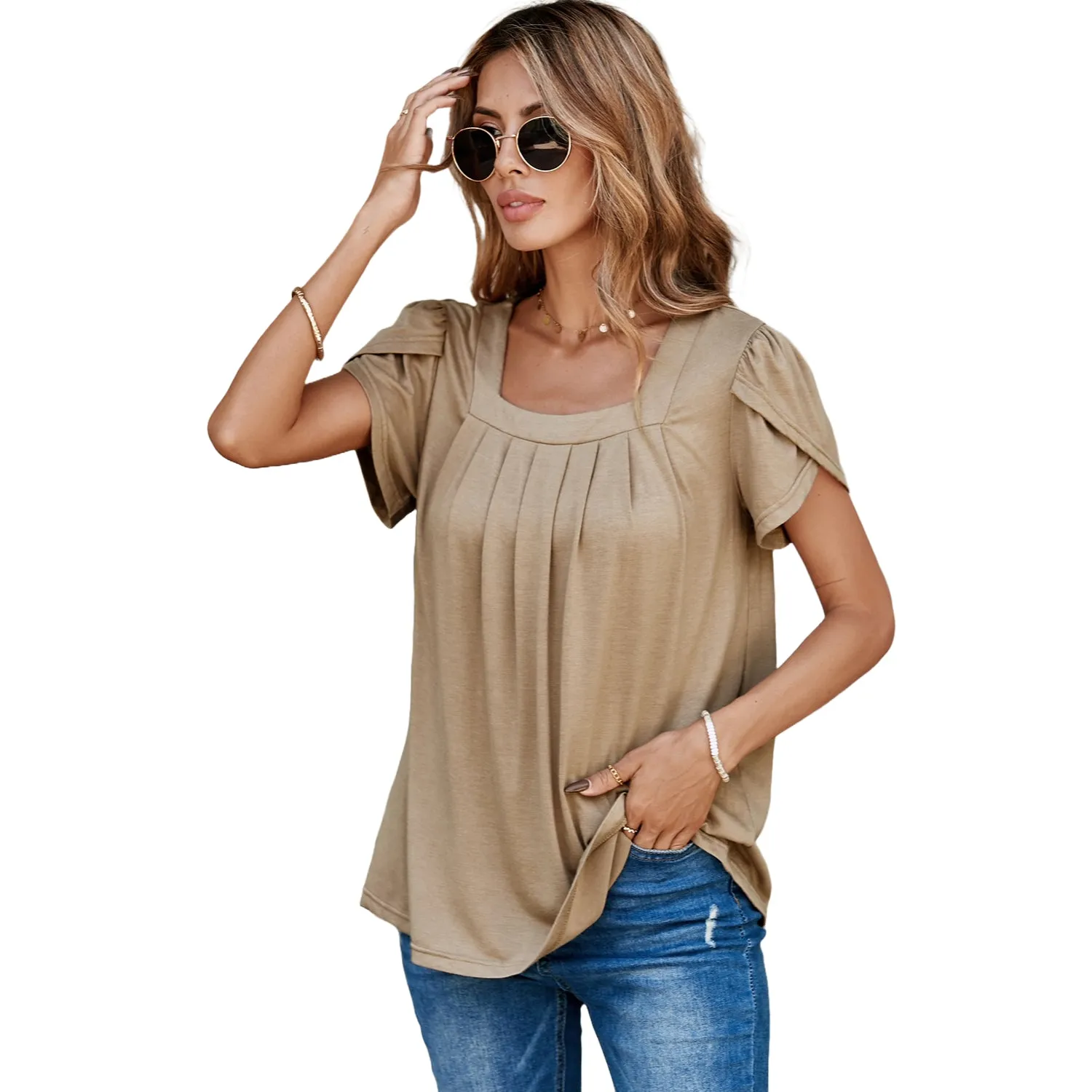 Petal Short Sleeve Square Neck Tunic Tops for Women - Shop Now.