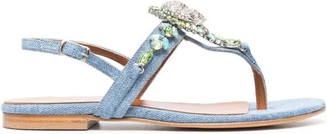 Blue Embellished Thong Strap Sandals by Philipp Plein