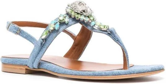 Blue Embellished Thong Strap Sandals by Philipp Plein