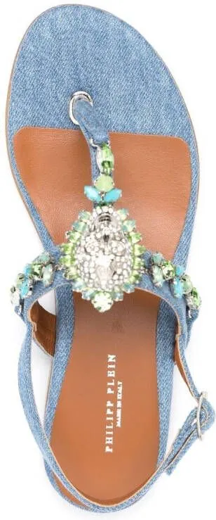 Blue Embellished Thong Strap Sandals by Philipp Plein