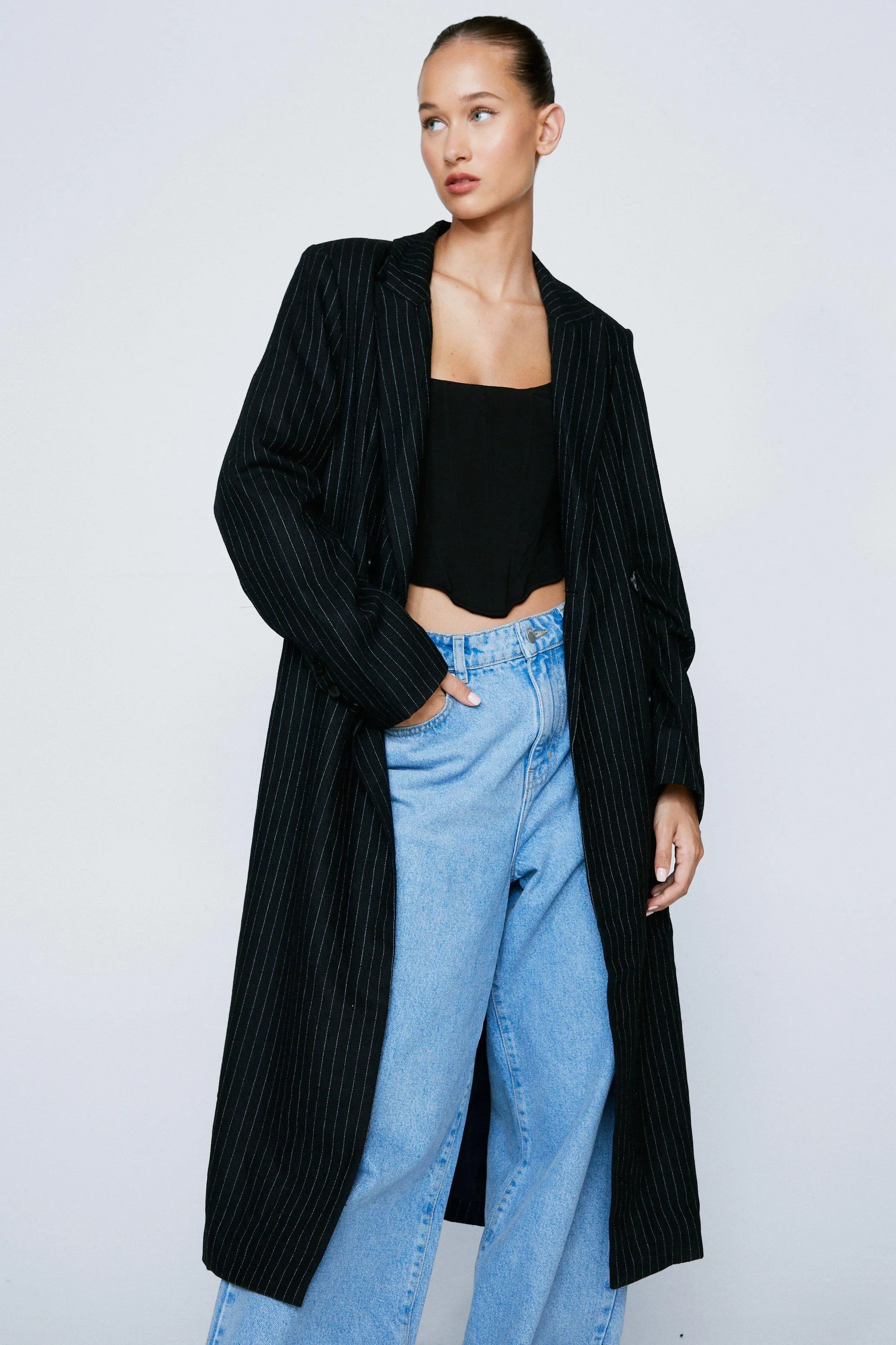 Pinstripe Wool Coat with Belt