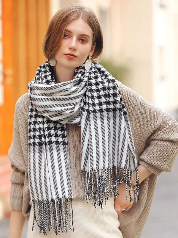 Plaid Fringe Fiber Winter Scarf - Women's Long Warm Scarf