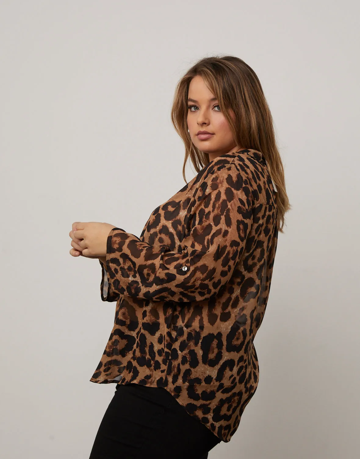 Plus Size Sheer Leopard Print Top