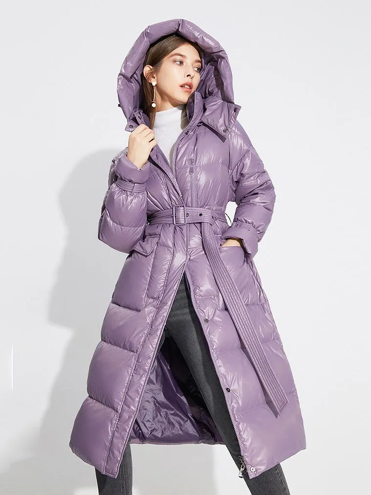 Purple Hooded Down Puffer Coat with Belt for Women