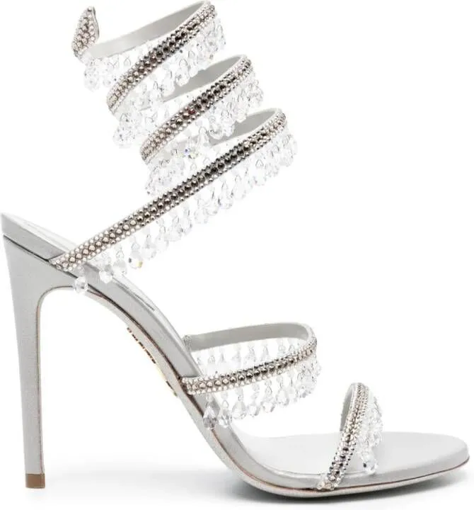 Chandelier 115mm Crystal-Fringed Leather Sandals Neutrals by René Caovilla