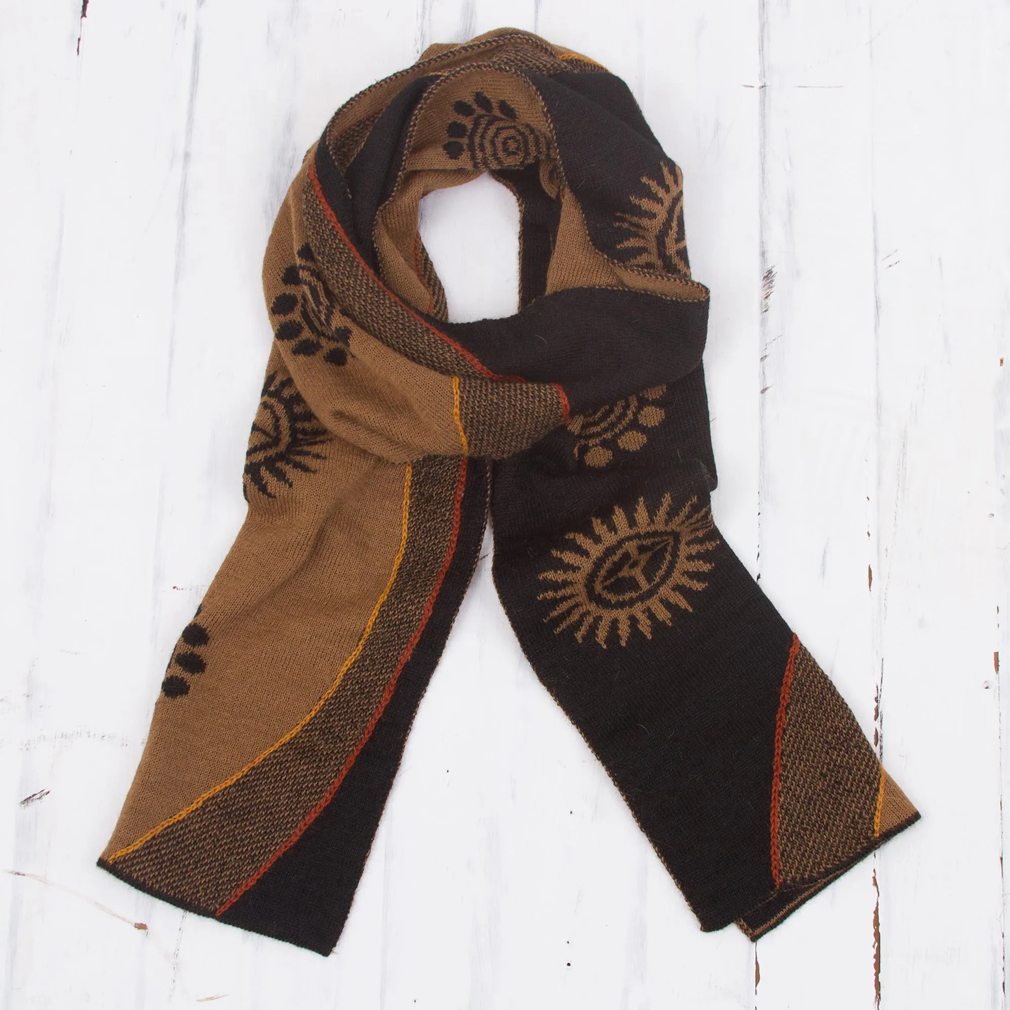 Reversible Alpaca Blend Scarf with Sepia and Black Sun Design