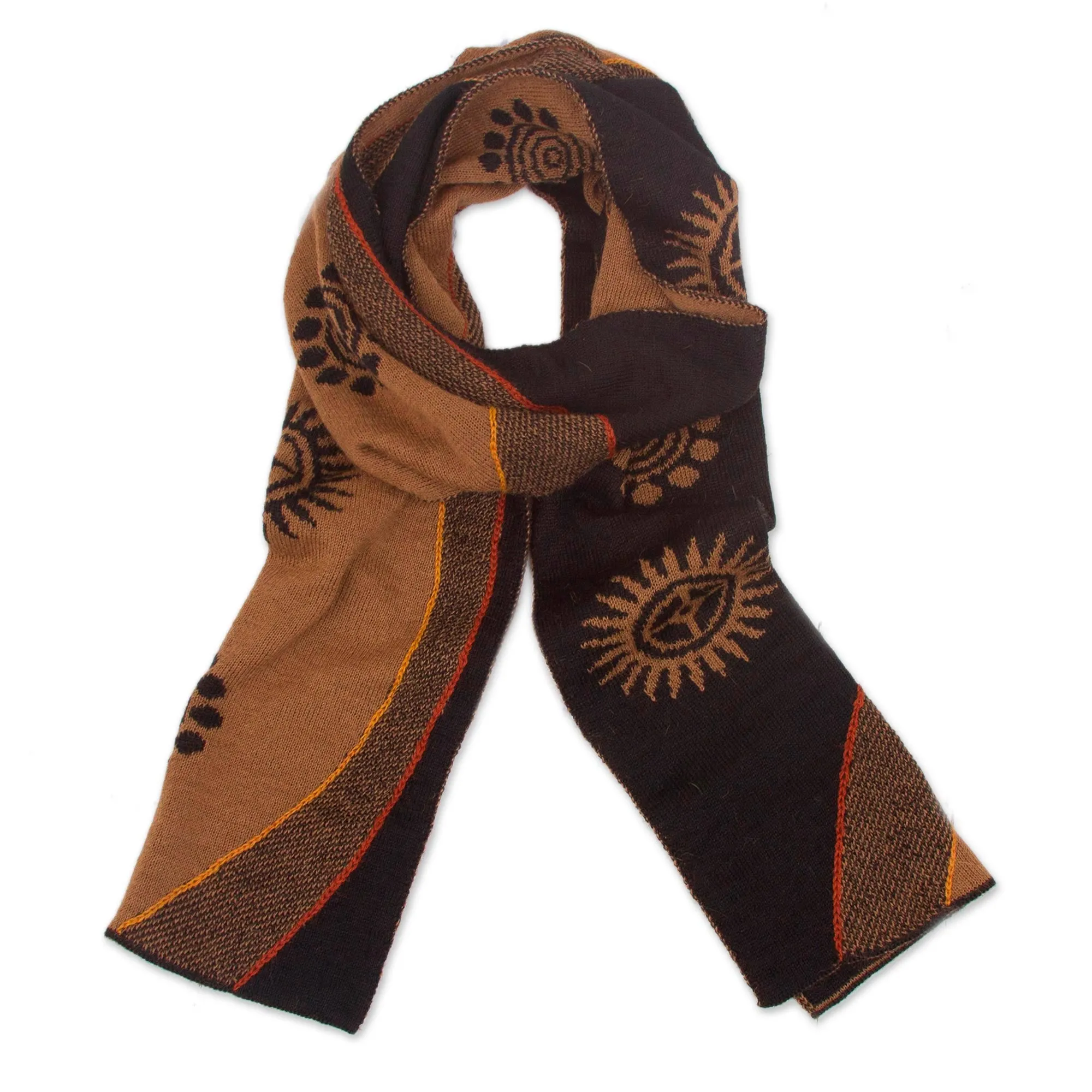 Reversible Alpaca Blend Scarf with Sepia and Black Sun Design