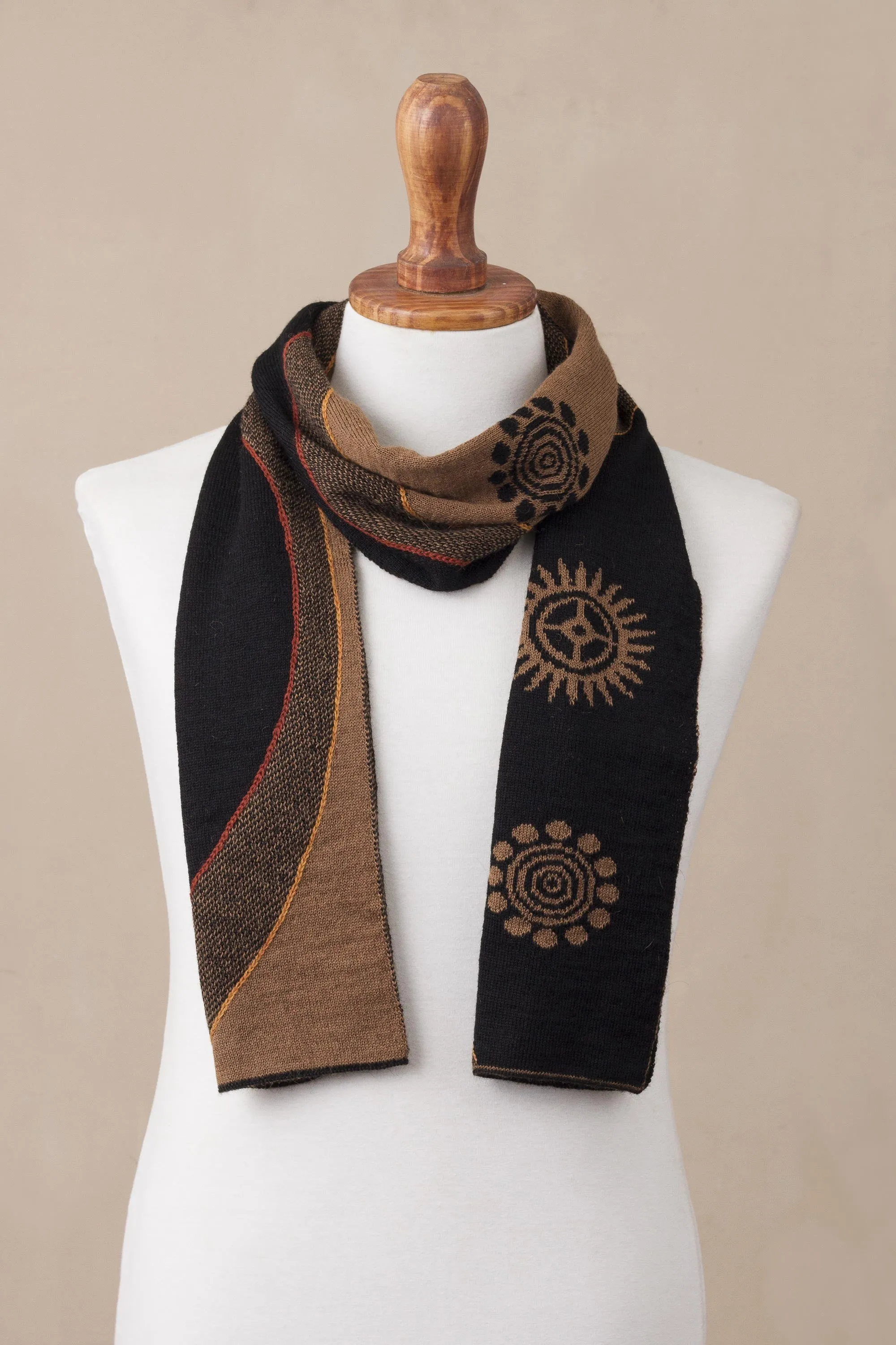 Reversible Alpaca Blend Scarf with Sepia and Black Sun Design