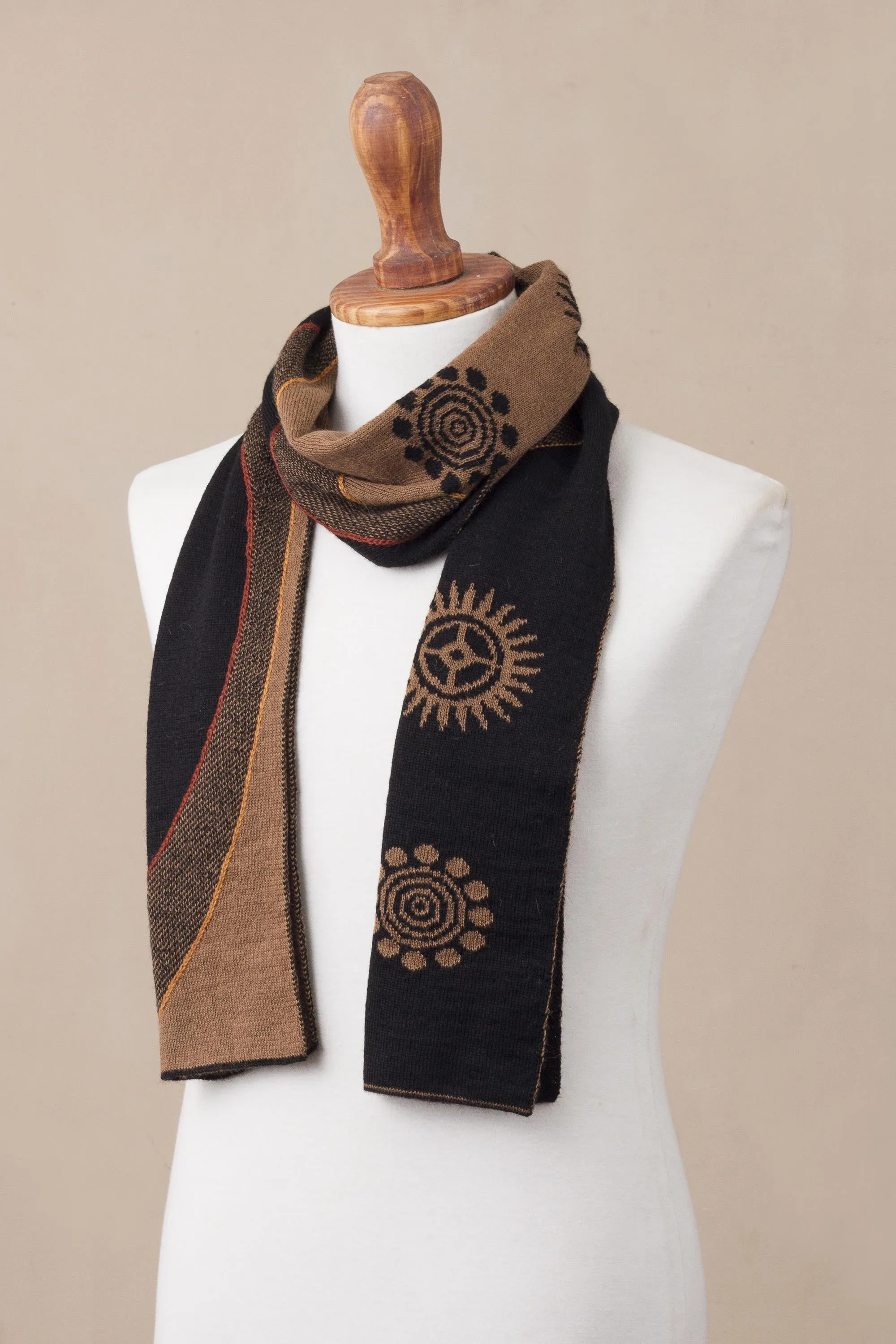 Reversible Alpaca Blend Scarf with Sepia and Black Sun Design