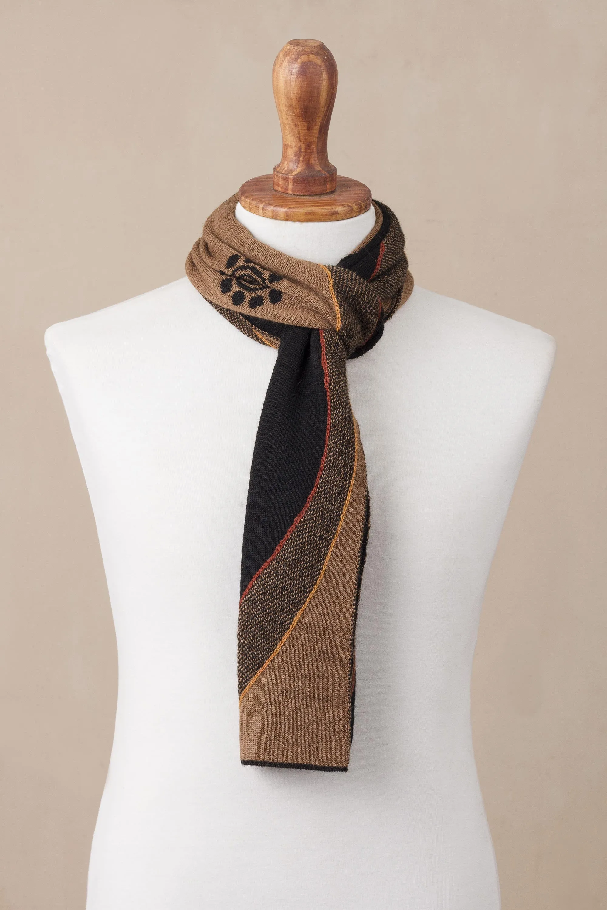 Reversible Alpaca Blend Scarf with Sepia and Black Sun Design