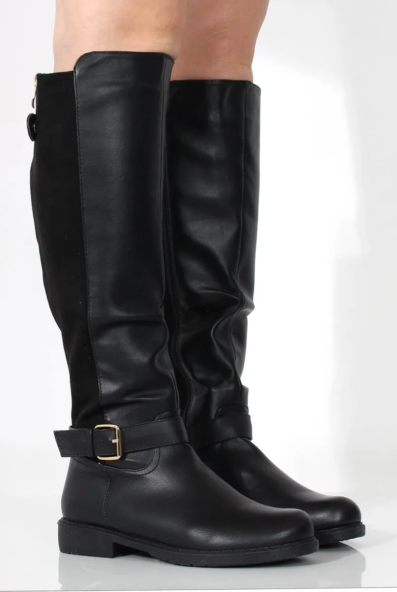 Sally Knee High Boots - Black Faux Leather/Suede