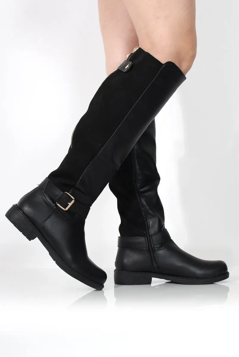 Sally Knee High Boots - Black Faux Leather/Suede