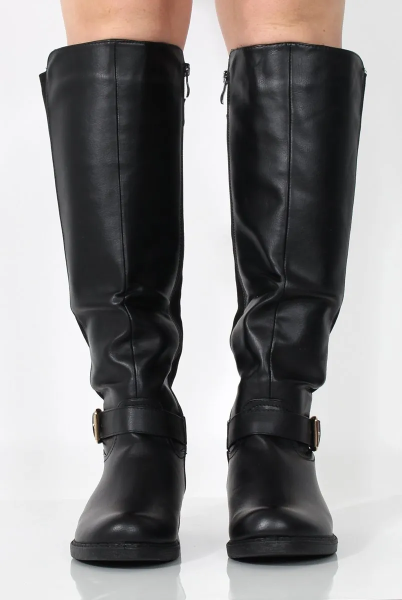 Sally Knee High Boots - Black Faux Leather/Suede