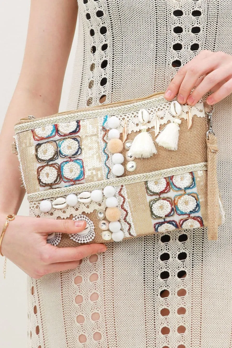 Nude Boho Clutch Bag at Shell Detail