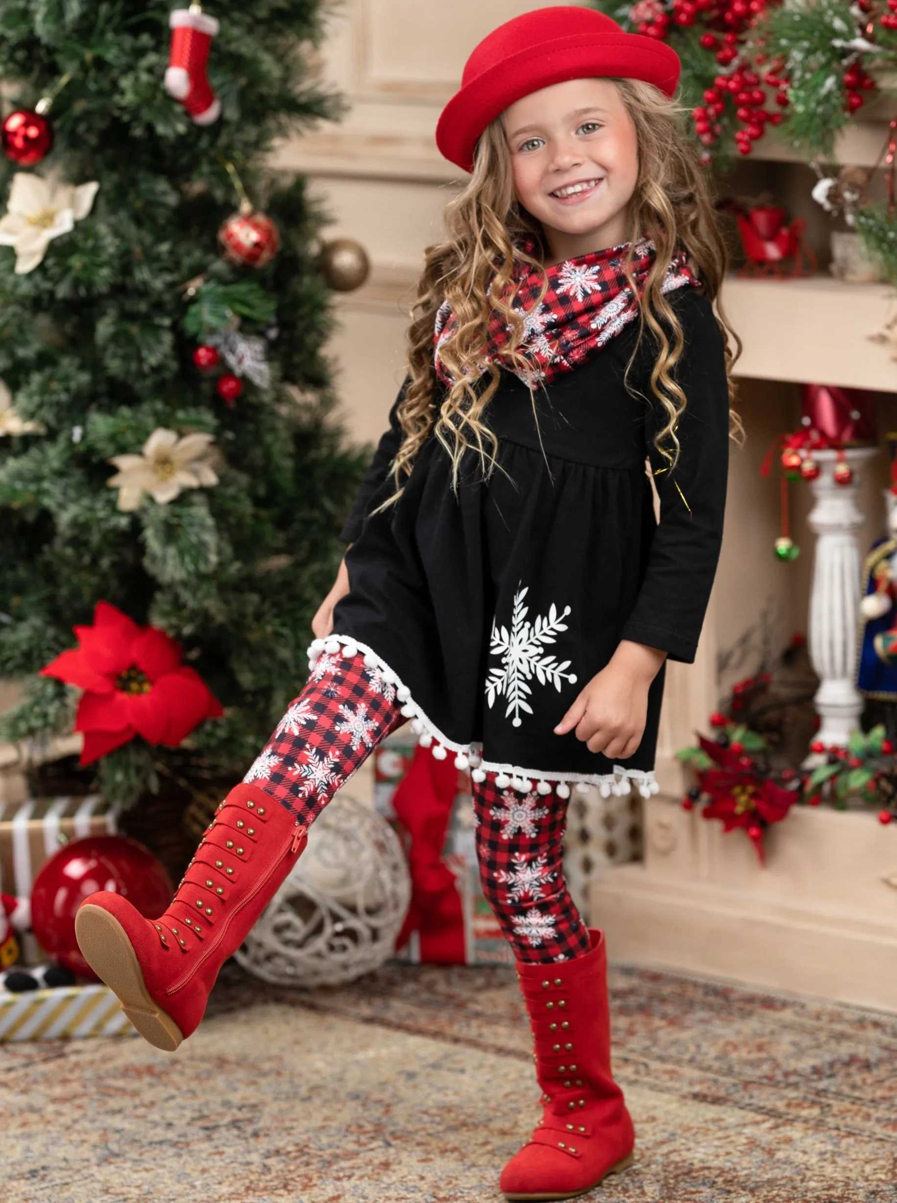 Snowflake Print Tunic, Scarf, and Leggings Set