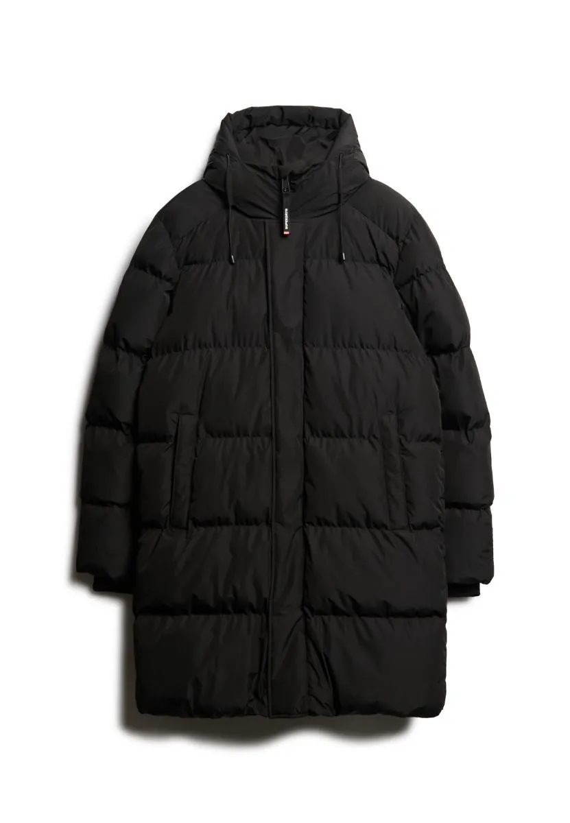 Superdry Black Hooded Sports Puffer Mid Length Jacket