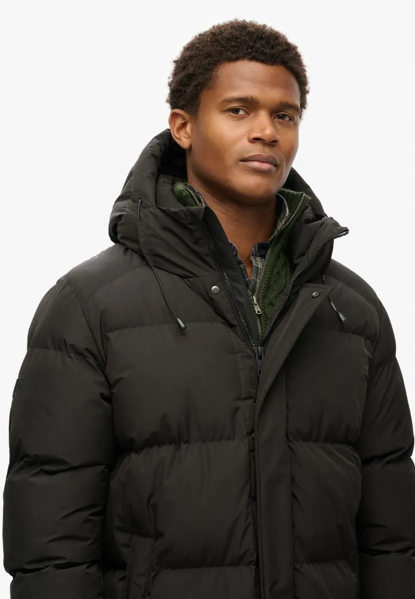 Superdry Black Hooded Sports Puffer Mid Length Jacket