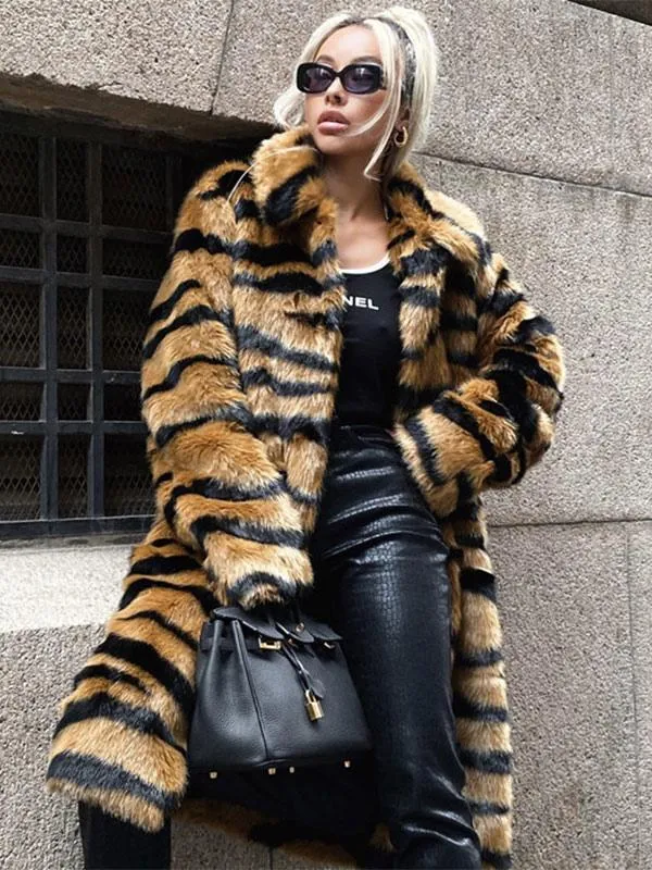 Tiger Print Faux Fur Coat | Winter Midi Eco-Friendly Fur Coat | Women 2024