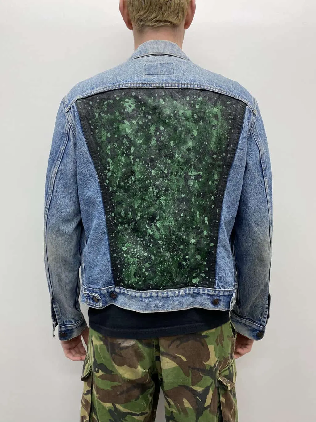 Vintage Levis Customised Denim Jacket Hand Painted Green Black Design S / M